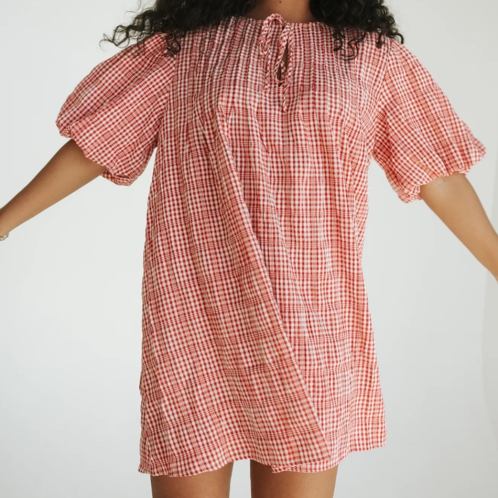 Sunday Riot Cherry Plaid Puff Mini Dress